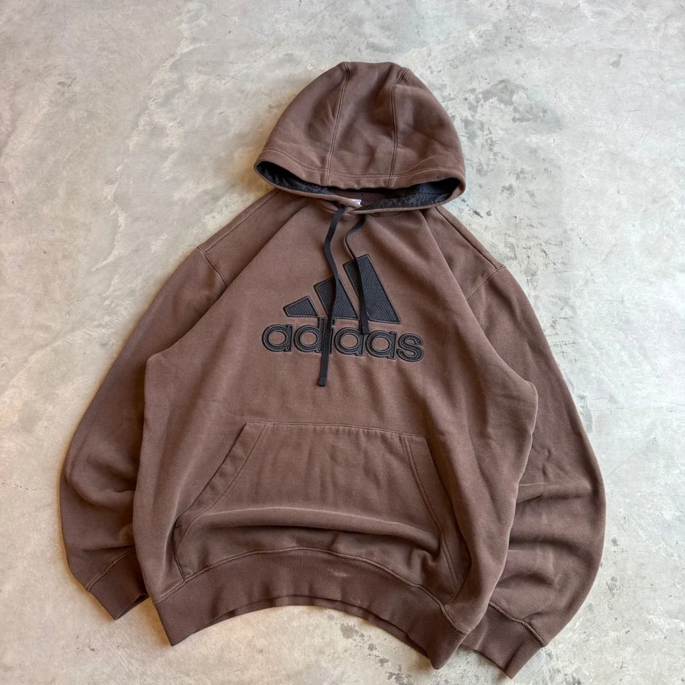 Adidas Mens Brown Embroidered Spellout Logo Pullover Hoodie Sweatshirt Medium